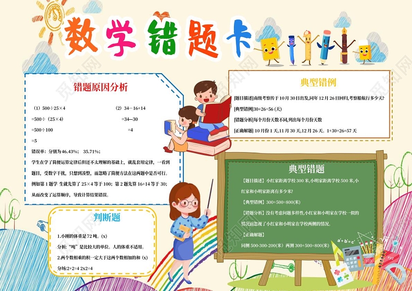 淡黄色卡通数学错题卡小报手抄报错题卡小报手抄报