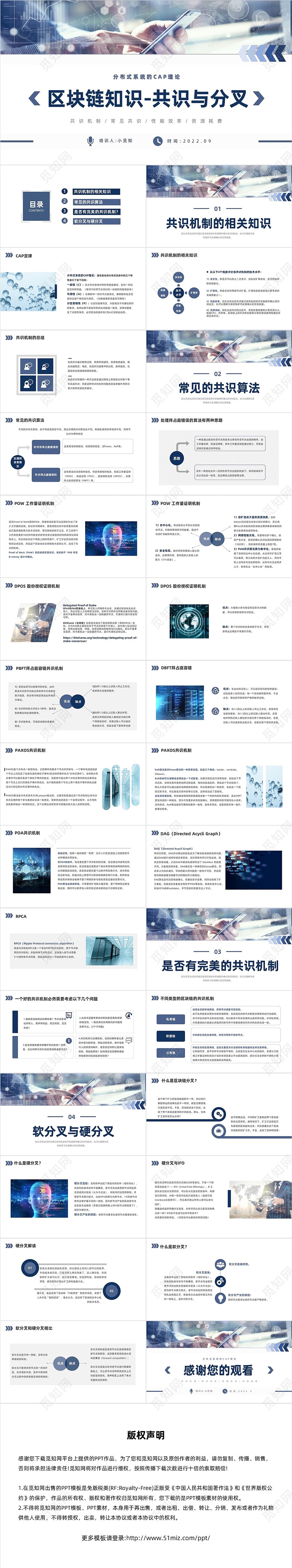 蓝色商务风格区块链知识PPT工作培训PPT区块链知识共识与分叉