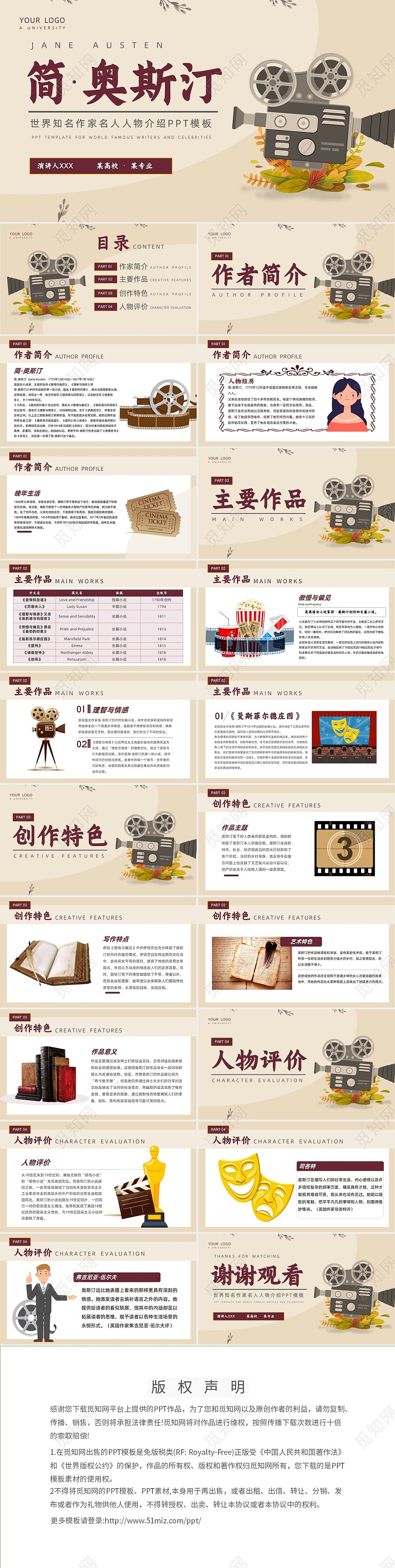 简约扁平电影风复古棕色人物介绍读书分享人物介绍文学小说作家