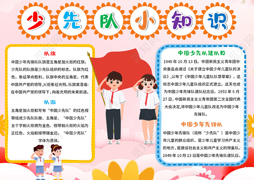粉色卡通少先队小知识少先队知识小报手抄报卡通少先队知识
