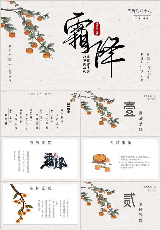 灰色简约霜降二十四节气霜降主题PPT模板