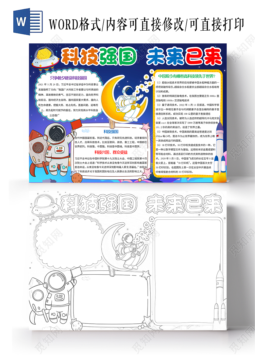 蓝色卡通科技强国未来已来小报手抄报科技兴国