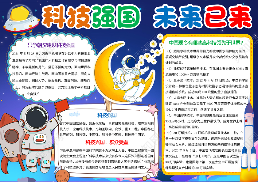 蓝色卡通科技强国未来已来小报手抄报科技兴国