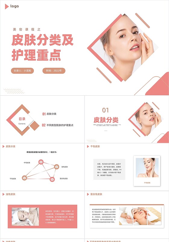 粉色商务风格皮肤分类及护理PPT工作培训PPT皮肤分类及护理重点课件美容