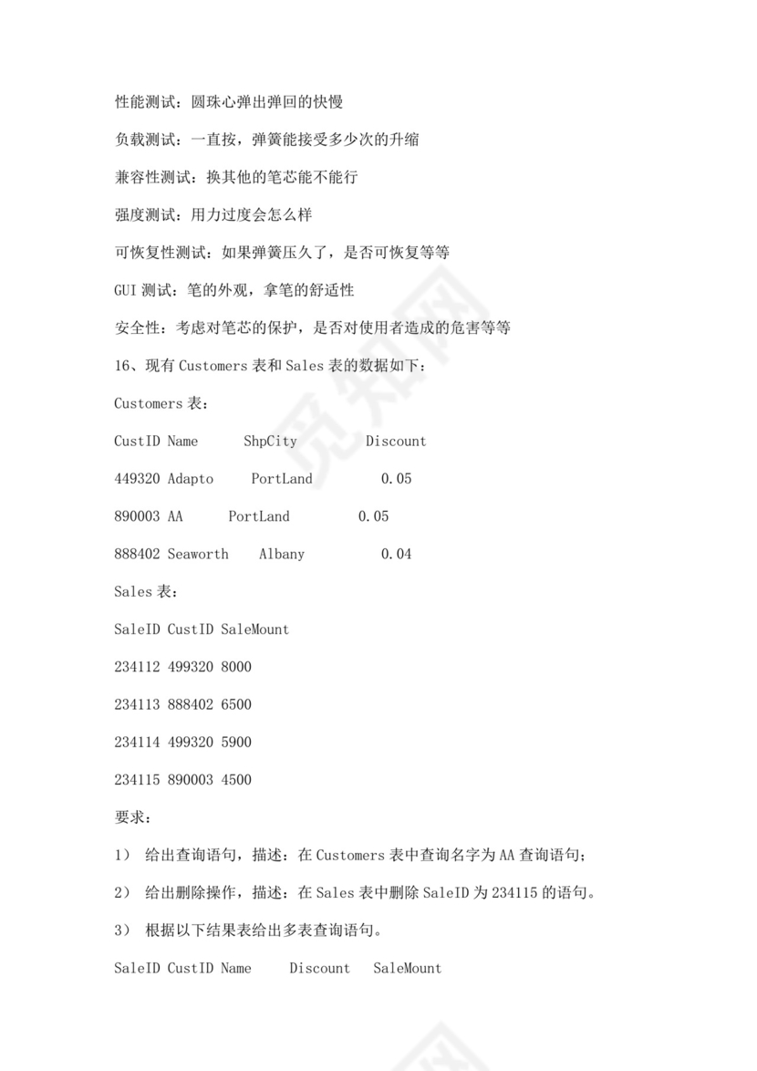 白色简洁软件测试面试题公司部门职位入职面试题模板