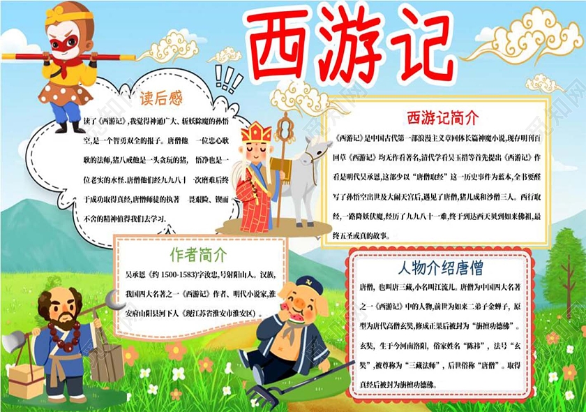 蓝绿色卡通西游记四大名著沙和尚孙悟空唐僧猪八戒小报手抄报西游记阅读