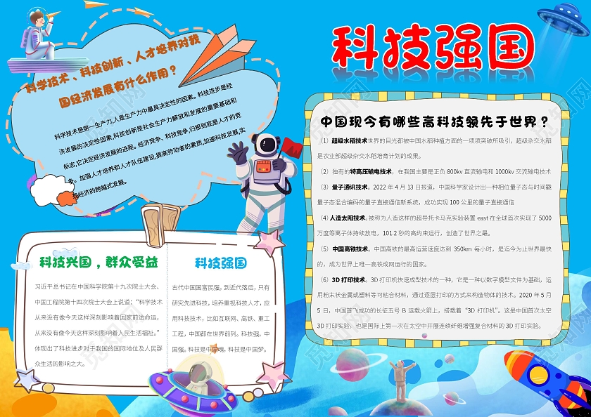 蓝色卡通科技兴国科技小报手抄报卡通小报手抄报