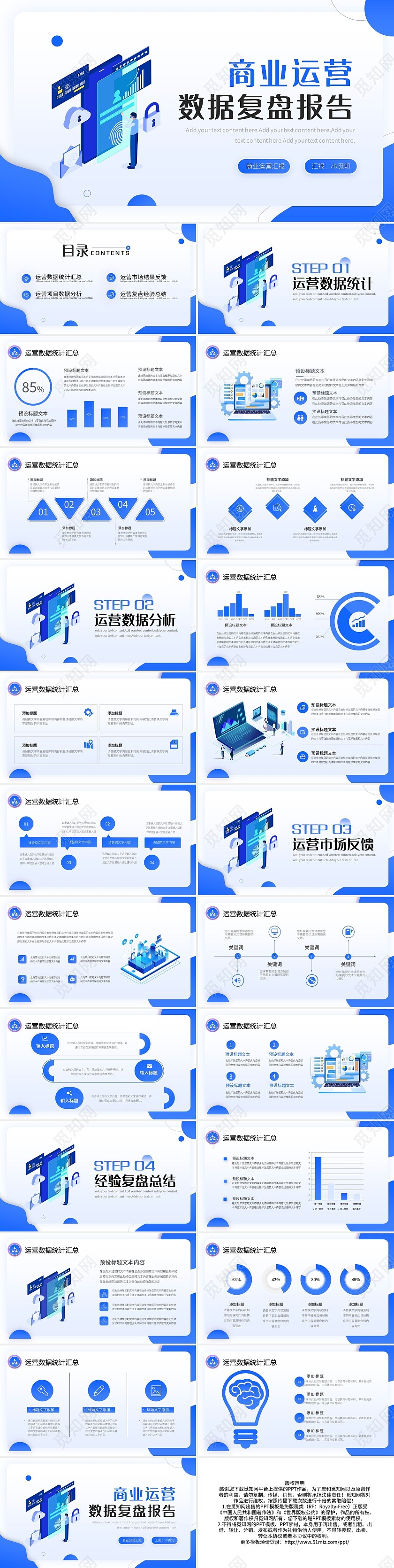 蓝色简约商务简约风运营复盘报告PPT模板宣传PPT动态PP数据复盘