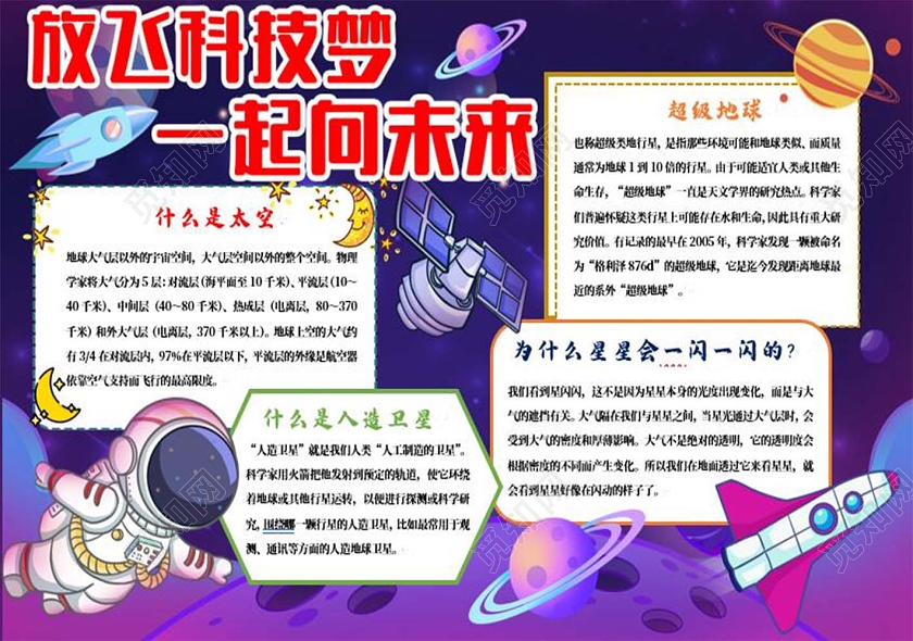 蓝色背景卡通宇航员飞船雷达卡通科技小报手抄报