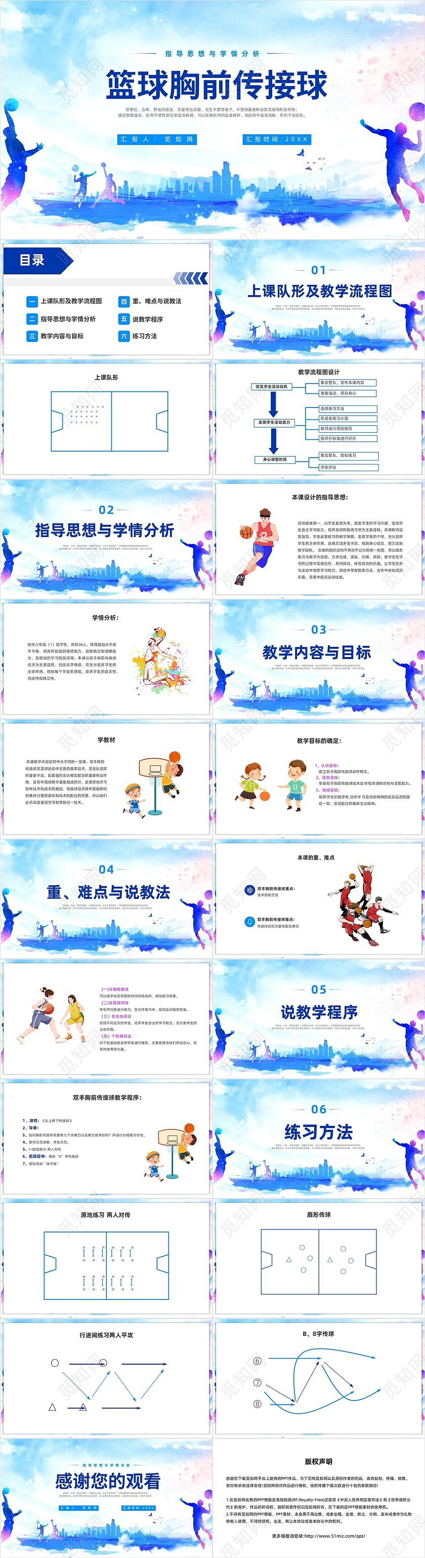 蓝紫色卡通风格篮球胸前传球PPT说课PPT篮球体育说课