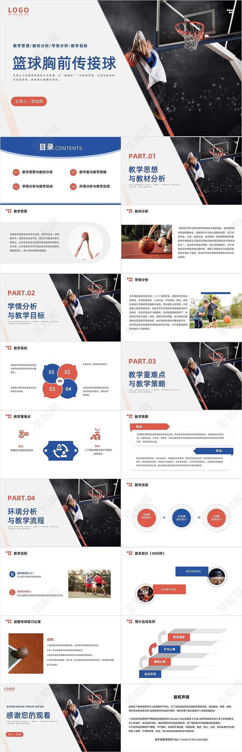 蓝红色商务风格篮球胸前传接球PPT说课PPT篮球体育说课