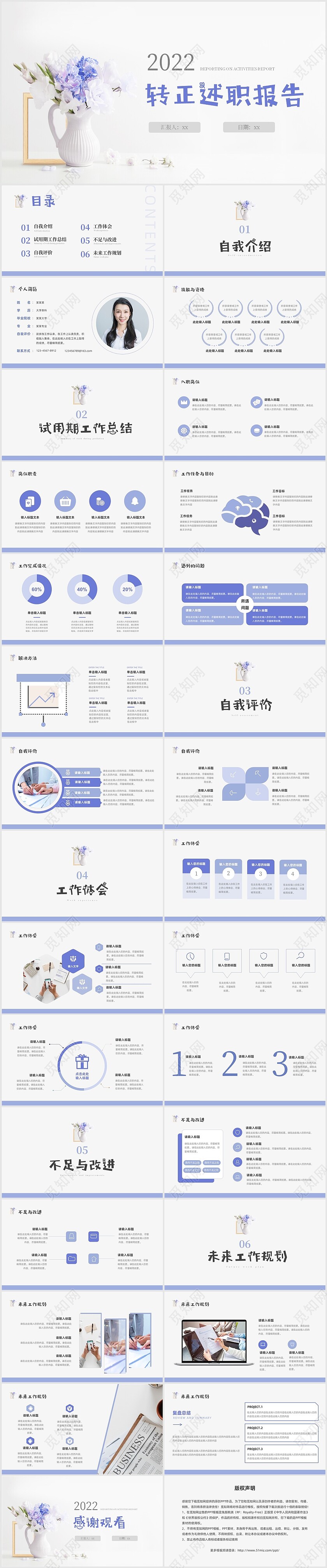 蓝色小清新2022转正述职报告PPT模板新员工转正述职