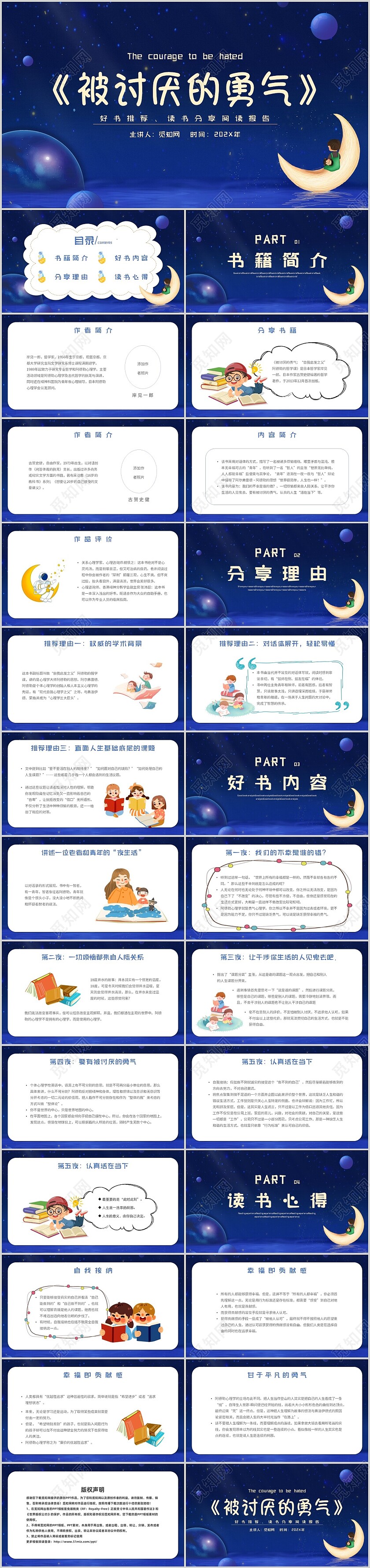 深蓝色唯美星空月亮男孩被讨厌的勇气读书分享主题PPT模板