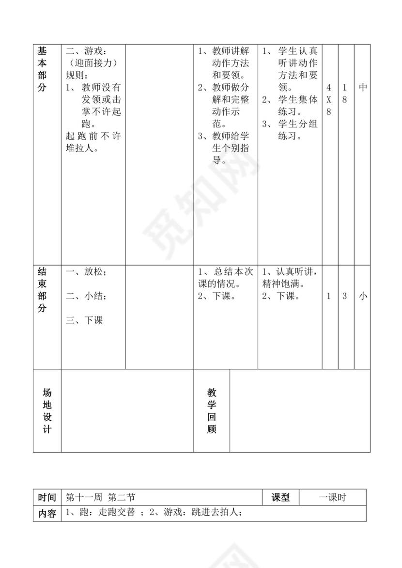 白色简洁体育教案学校老师教学教案模板