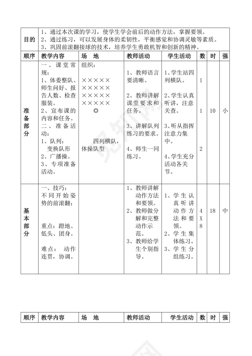 白色简洁体育教案学校老师教学教案模板