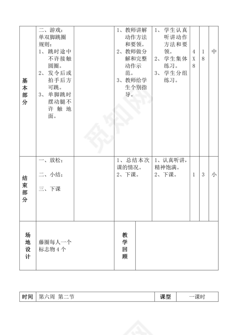 白色简洁体育教案学校老师教学教案模板