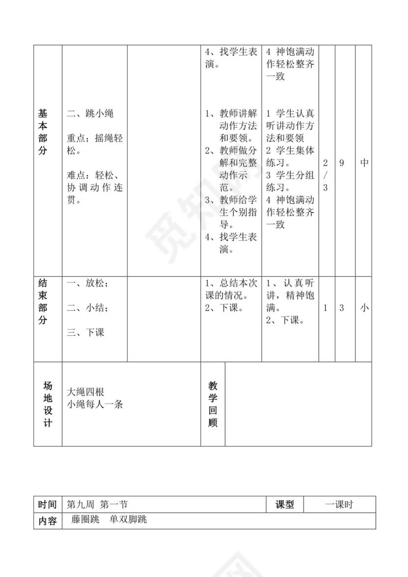 白色简洁体育教案学校老师教学教案模板