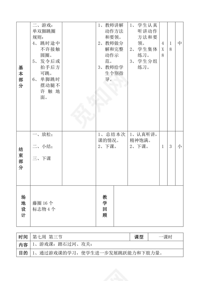 白色简洁体育教案学校老师教学教案模板