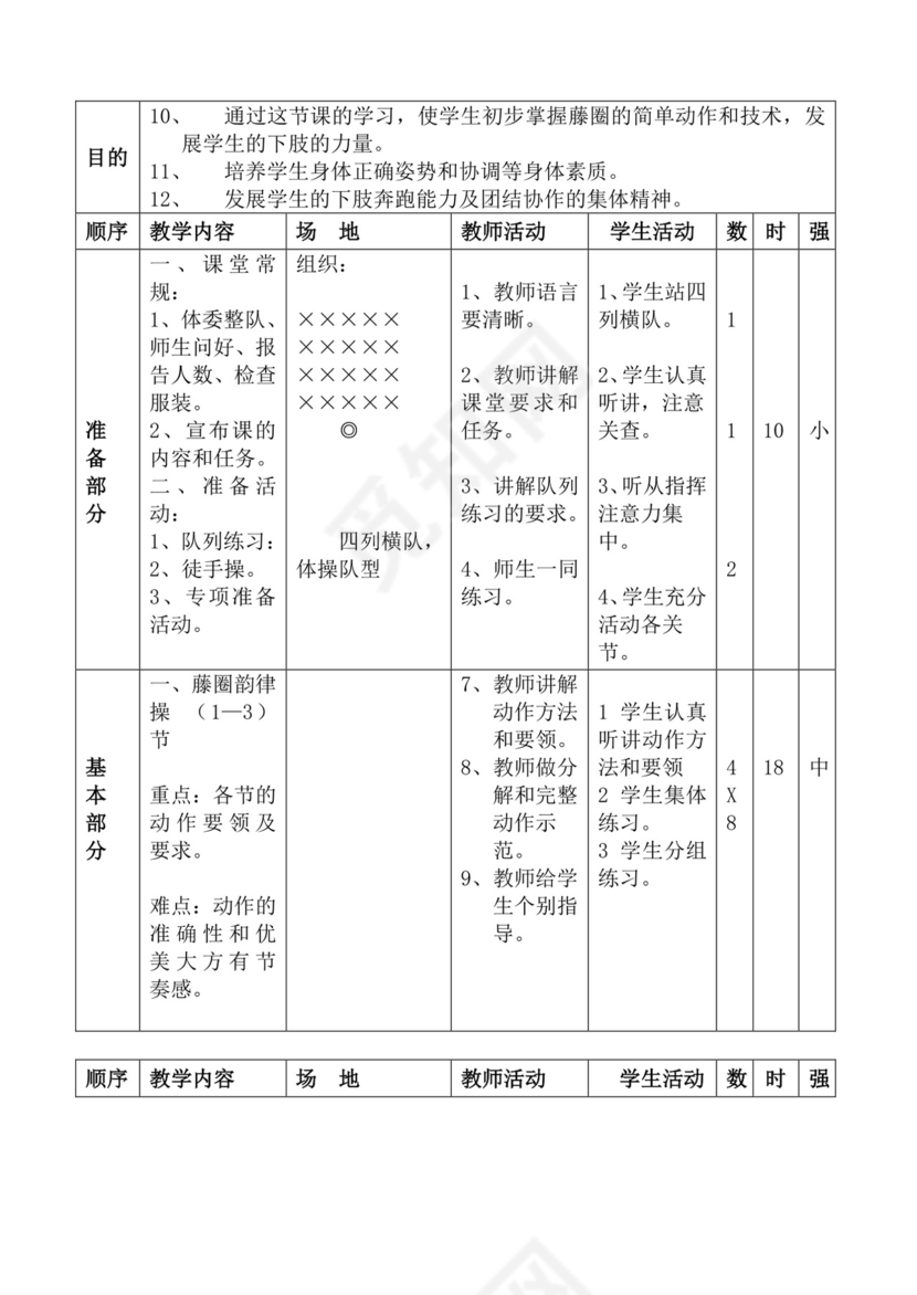 白色简洁体育教案学校老师教学教案模板