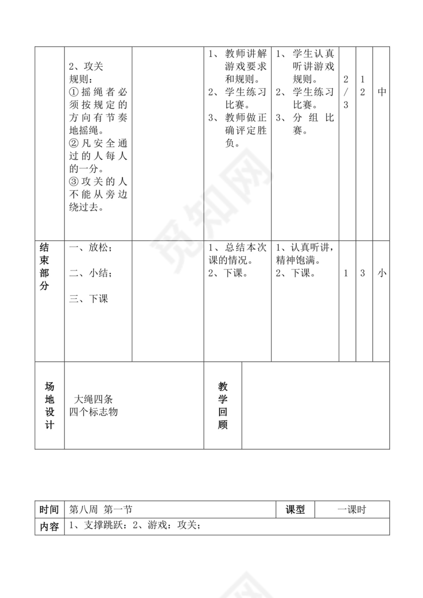 白色简洁体育教案学校老师教学教案模板