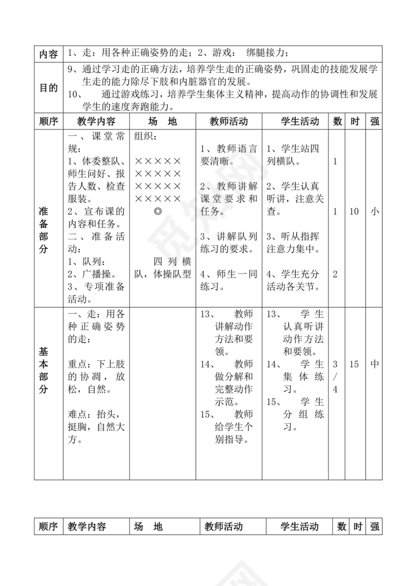 白色简洁体育教案学校老师教学教案模板