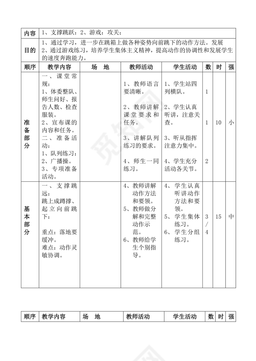 白色简洁体育教案学校老师教学教案模板