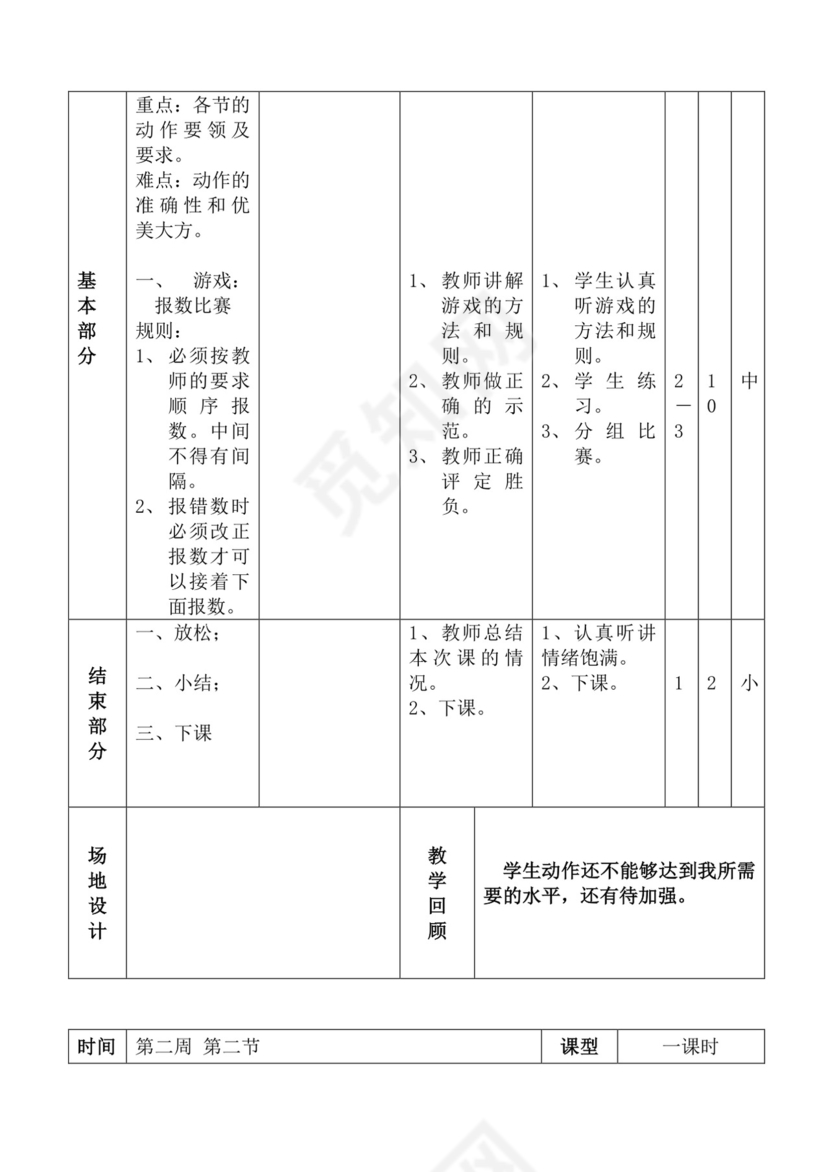 白色简洁体育教案学校老师教学教案模板