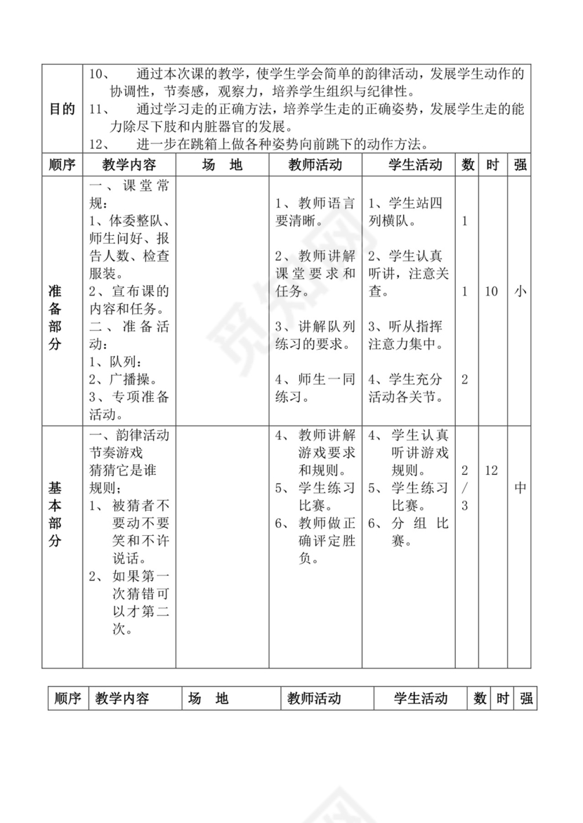 白色简洁体育教案学校老师教学教案模板
