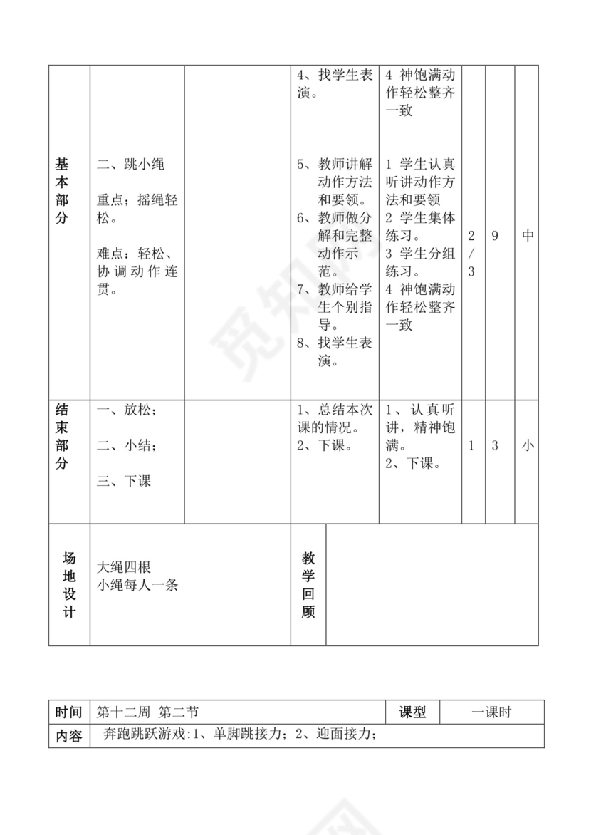 白色简洁体育教案学校老师教学教案模板