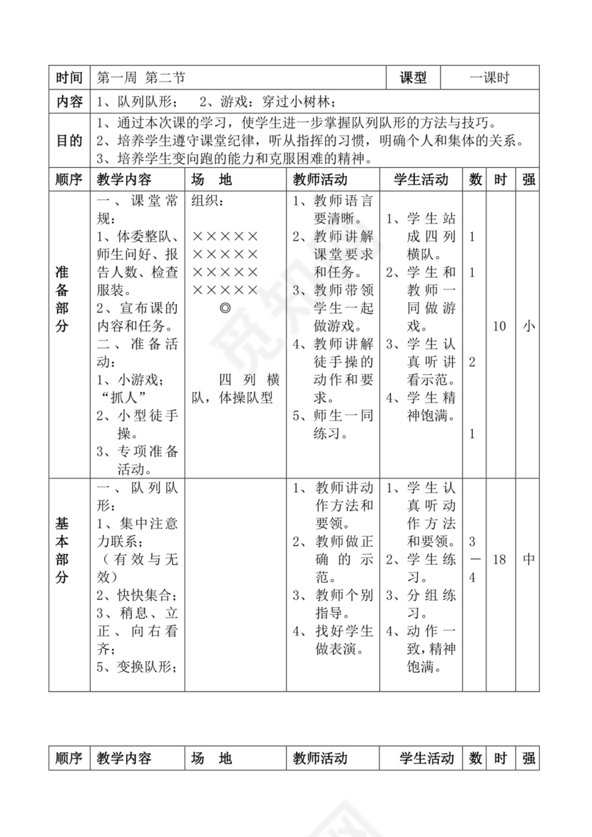 白色简洁体育教案学校老师教学教案模板