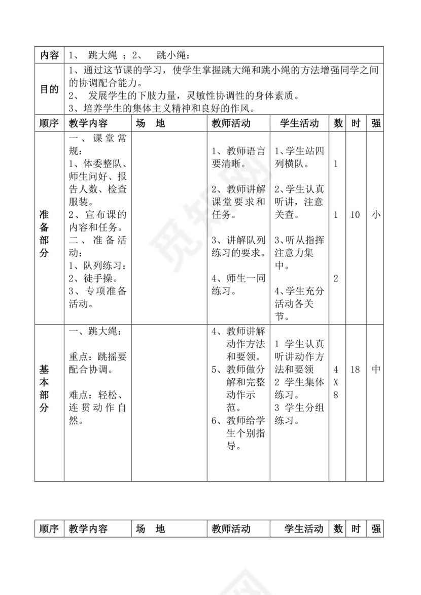 白色简洁体育教案学校老师教学教案模板