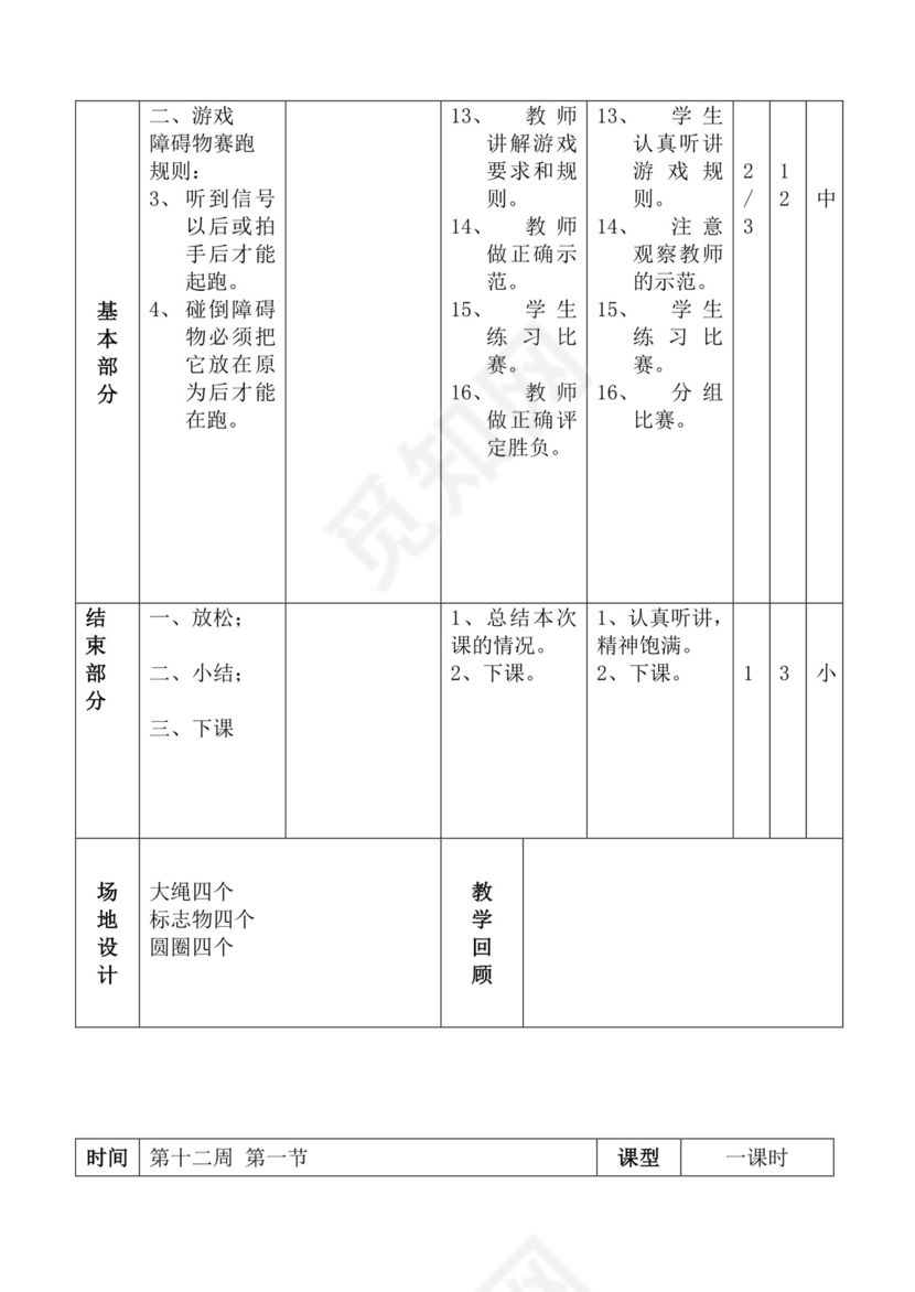 白色简洁体育教案学校老师教学教案模板