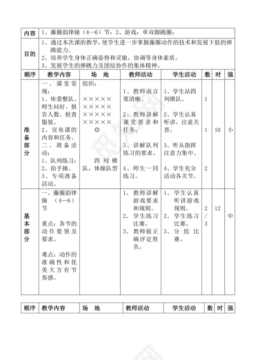 白色简洁体育教案学校老师教学教案模板