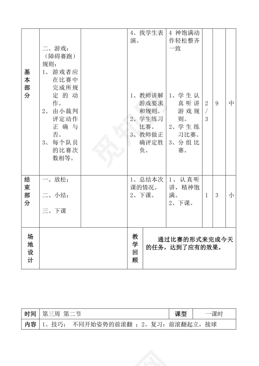 白色简洁体育教案学校老师教学教案模板
