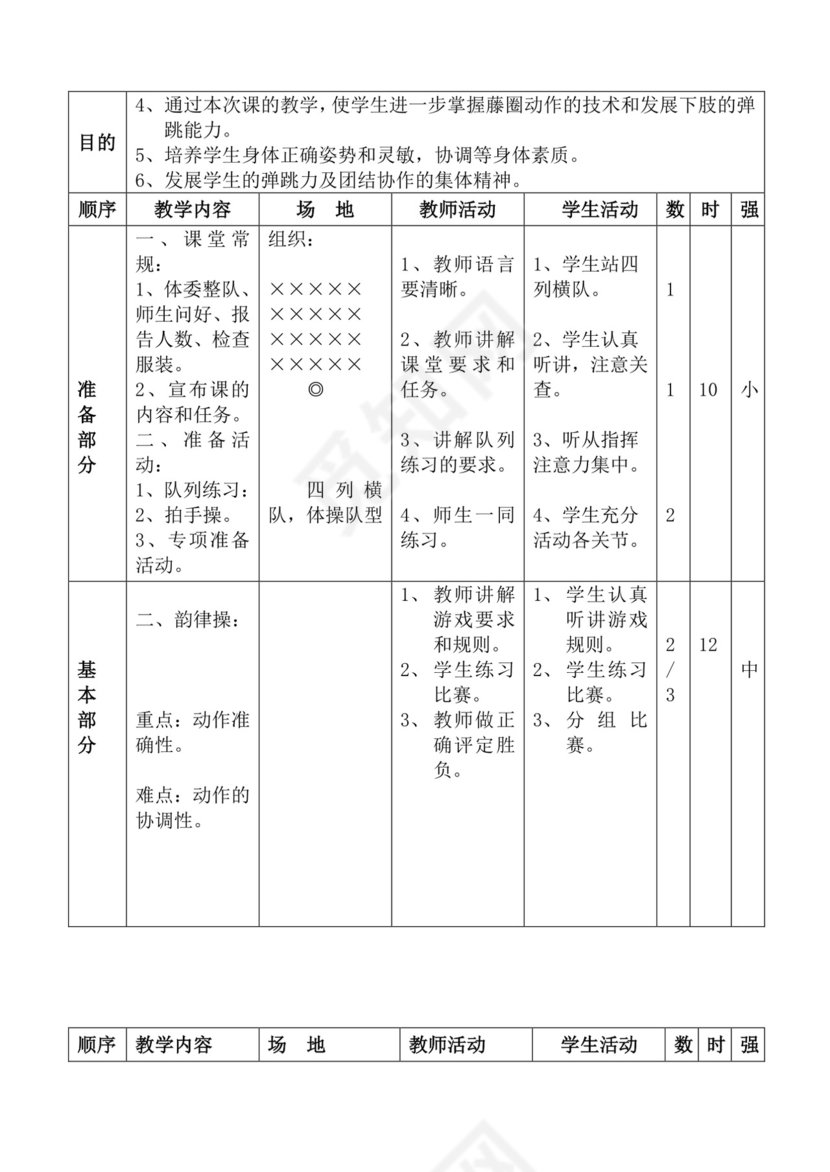 白色简洁体育教案学校老师教学教案模板