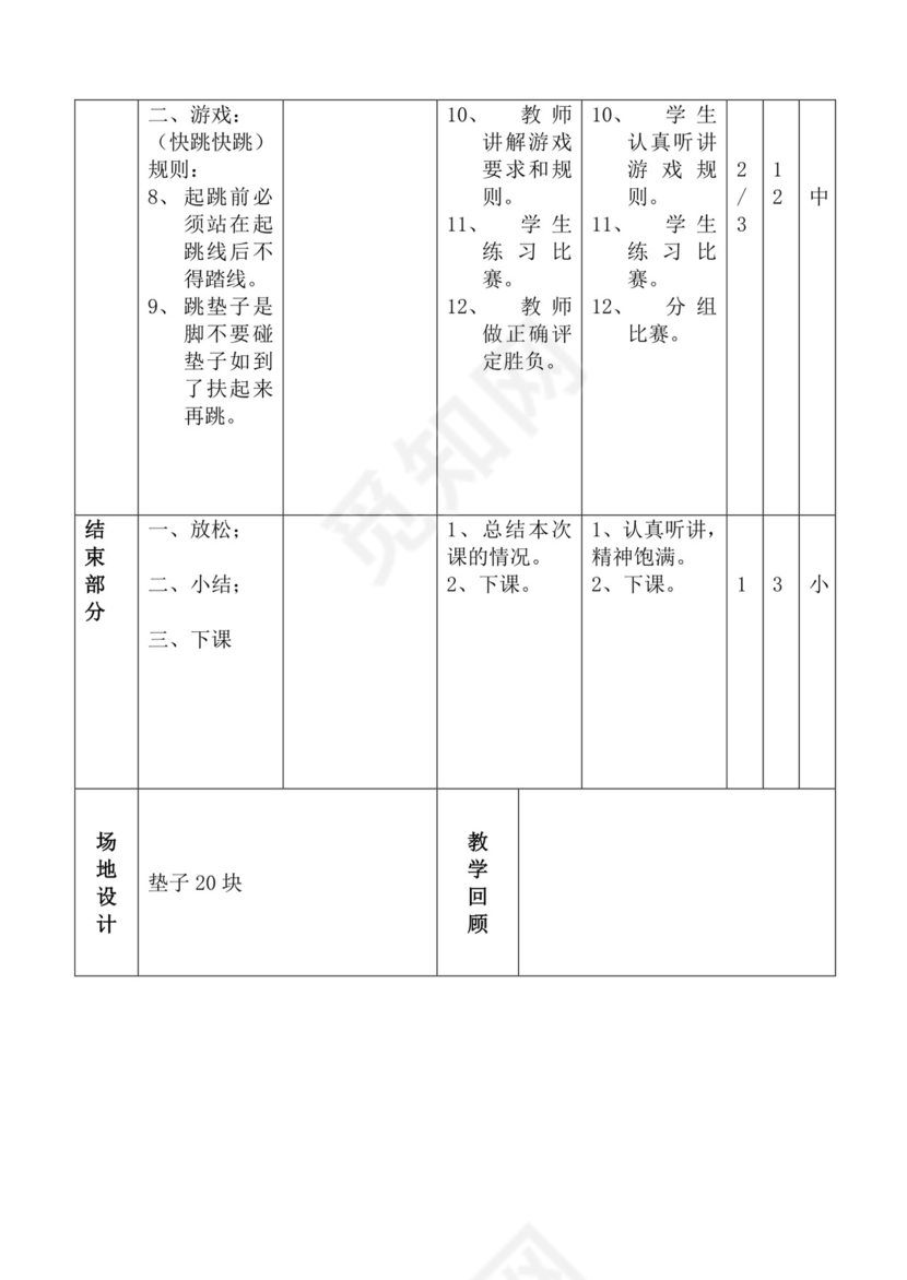 白色简洁体育教案学校老师教学教案模板