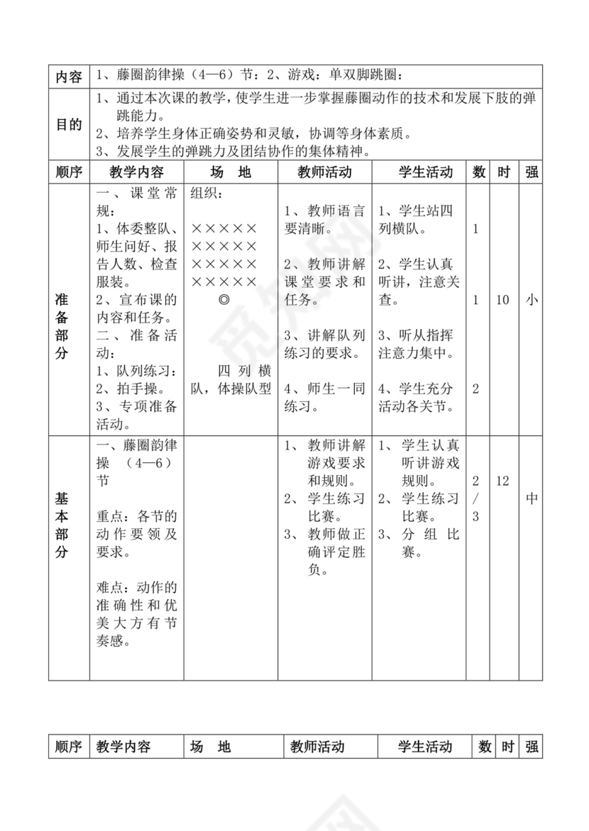 白色简洁体育教案学校老师教学教案模板