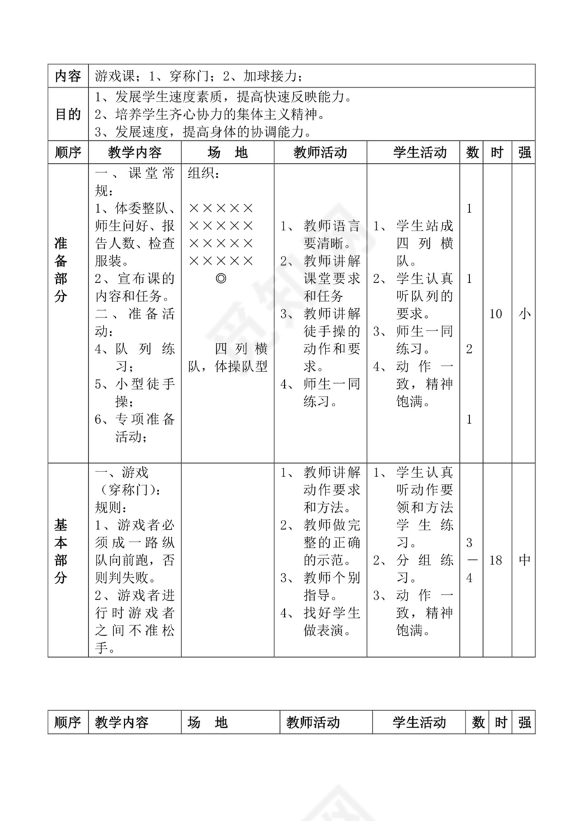 白色简洁体育教案学校老师教学教案模板