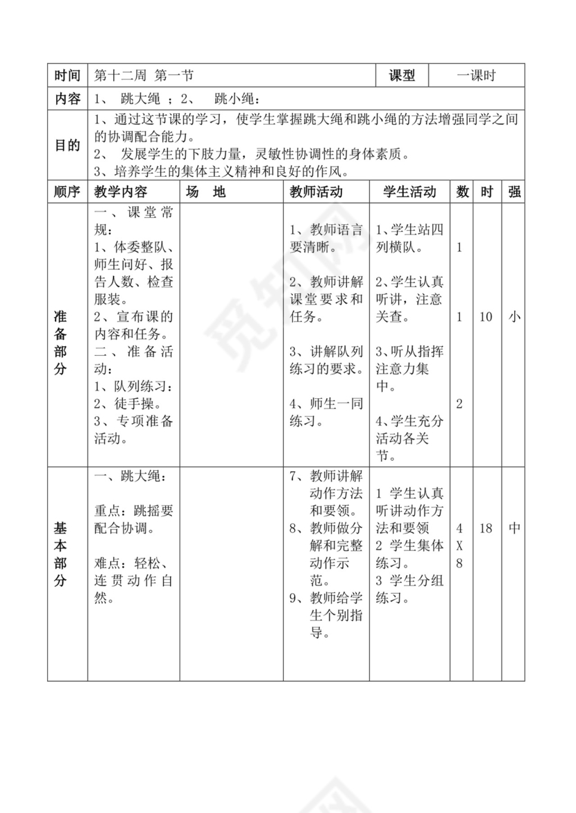 白色简洁体育教案学校老师教学教案模板
