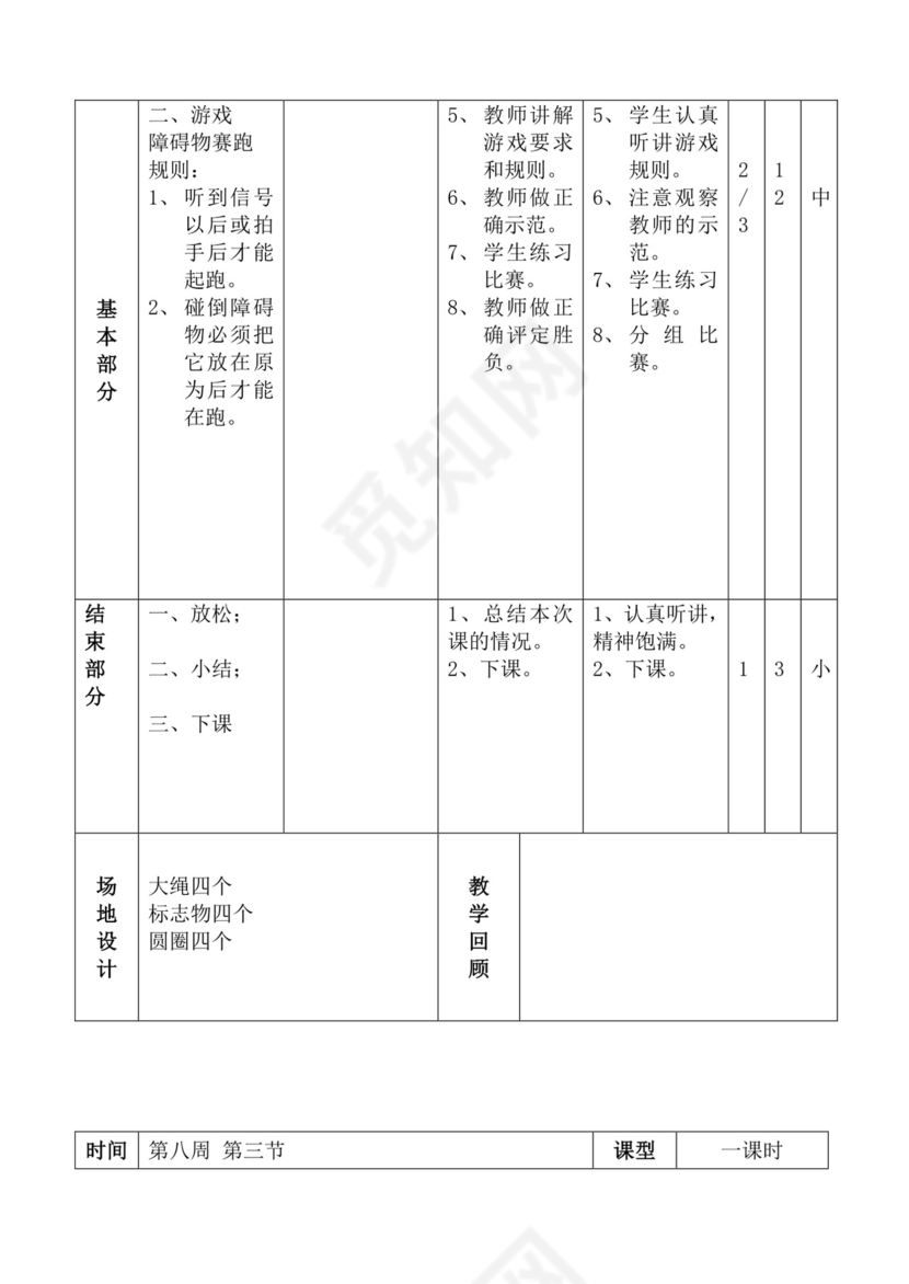 白色简洁体育教案学校老师教学教案模板