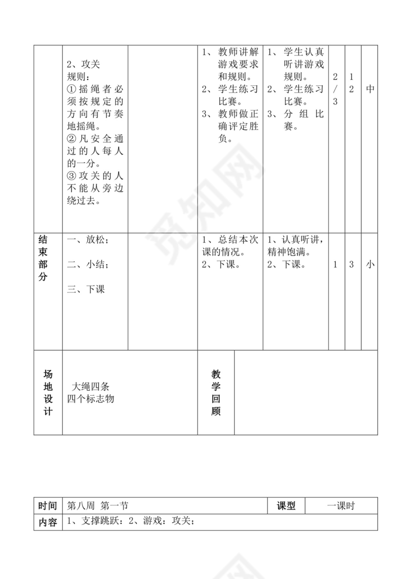白色简洁体育教案学校老师教学教案模板