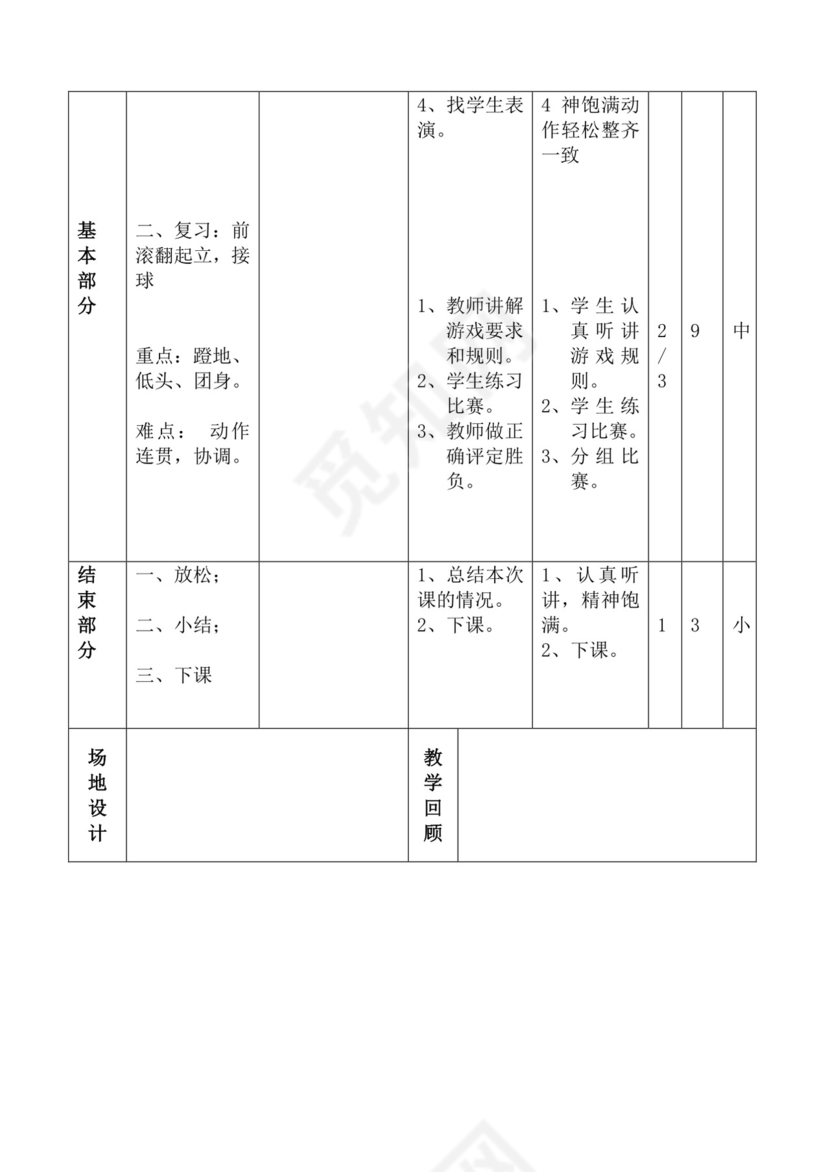 白色简洁体育教案学校老师教学教案模板