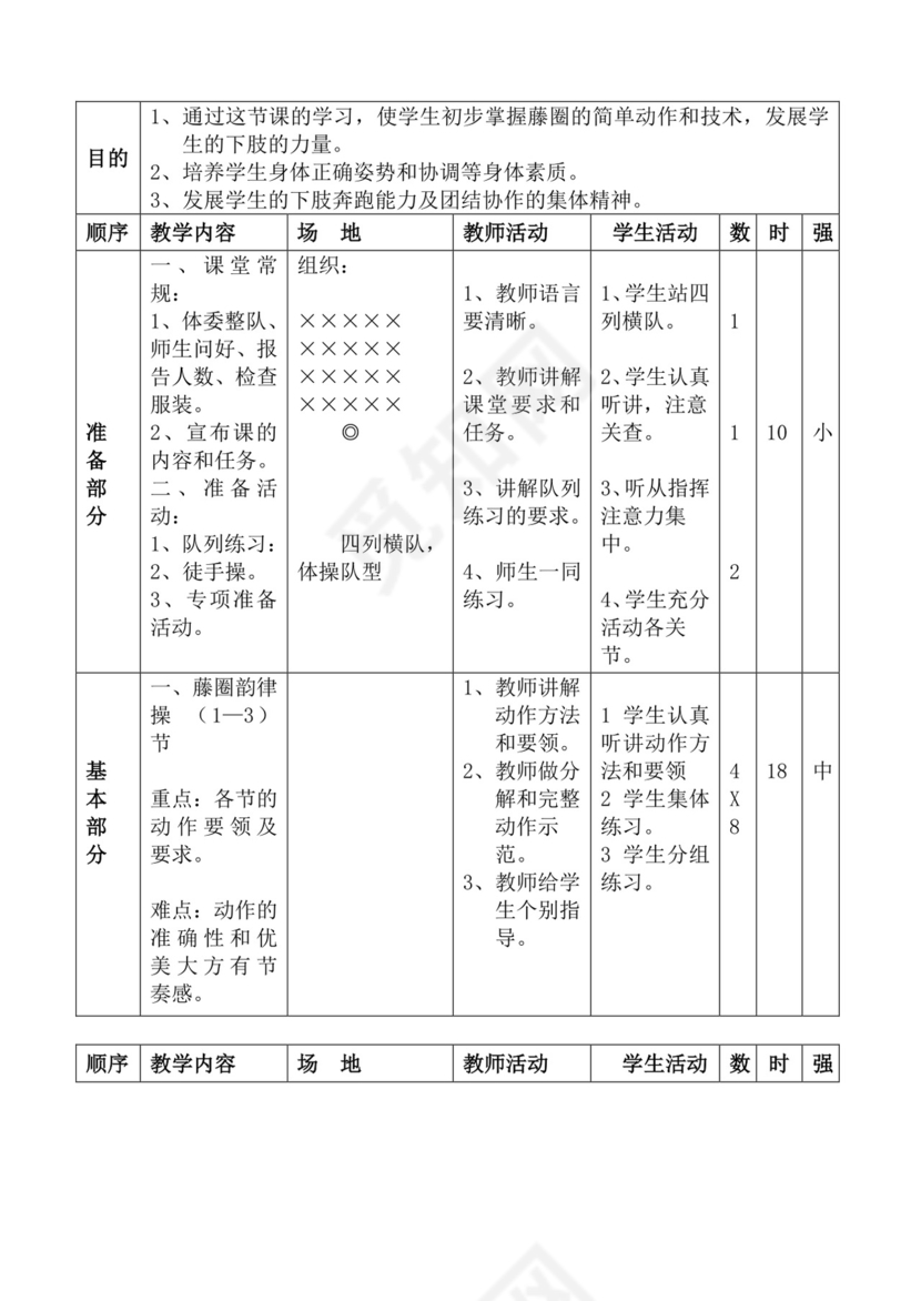 白色简洁体育教案学校老师教学教案模板