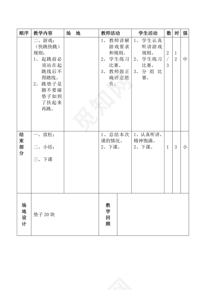 白色简洁体育教案学校老师教学教案模板