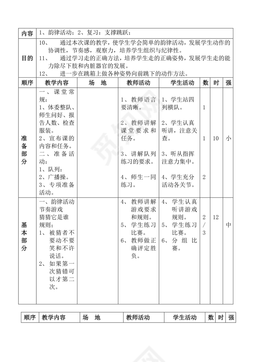 白色简洁体育教案学校老师教学教案模板