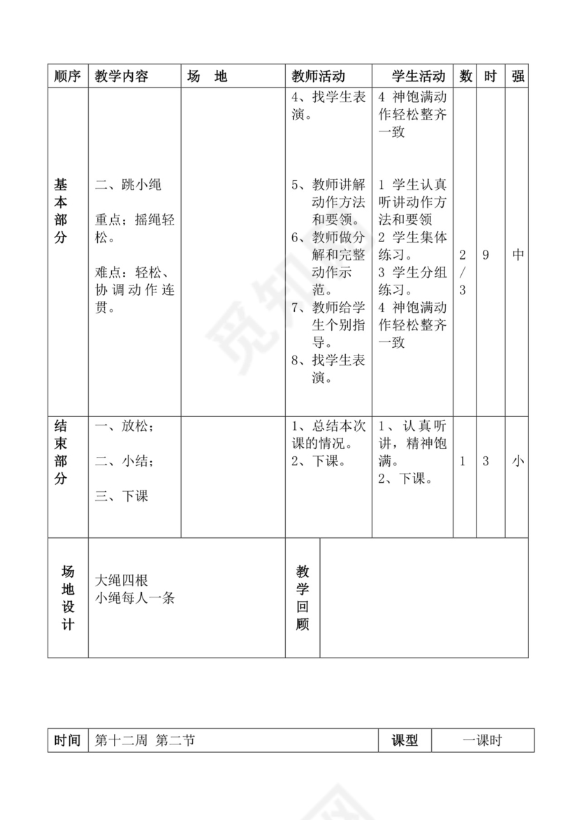 白色简洁体育教案学校老师教学教案模板