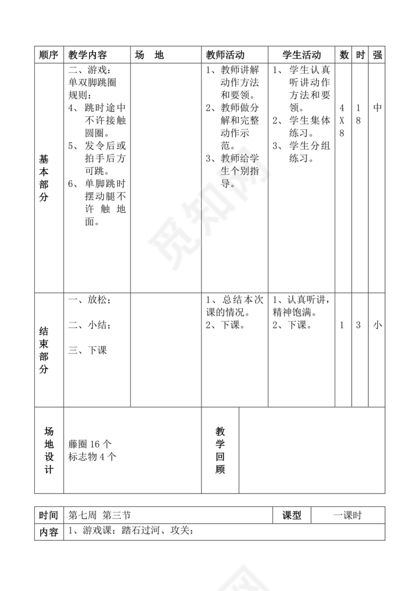 白色简洁体育教案学校老师教学教案模板