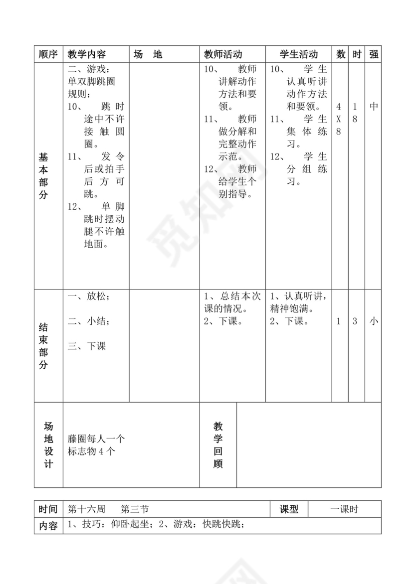 白色简洁体育教案学校老师教学教案模板