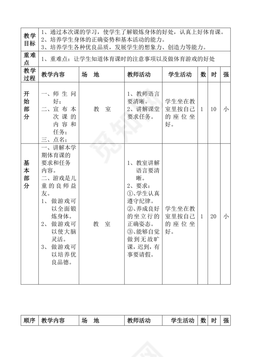 白色简洁体育教案学校老师教学教案模板