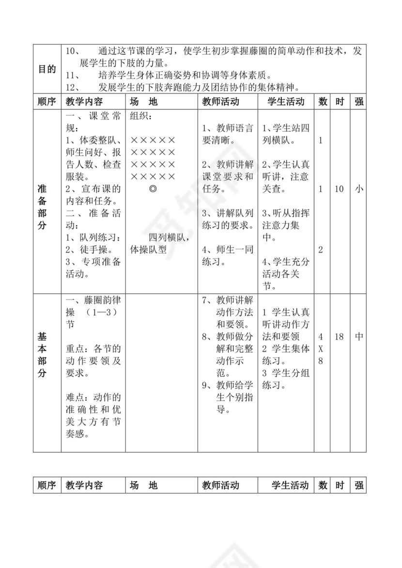 白色简洁体育教案学校老师教学教案模板